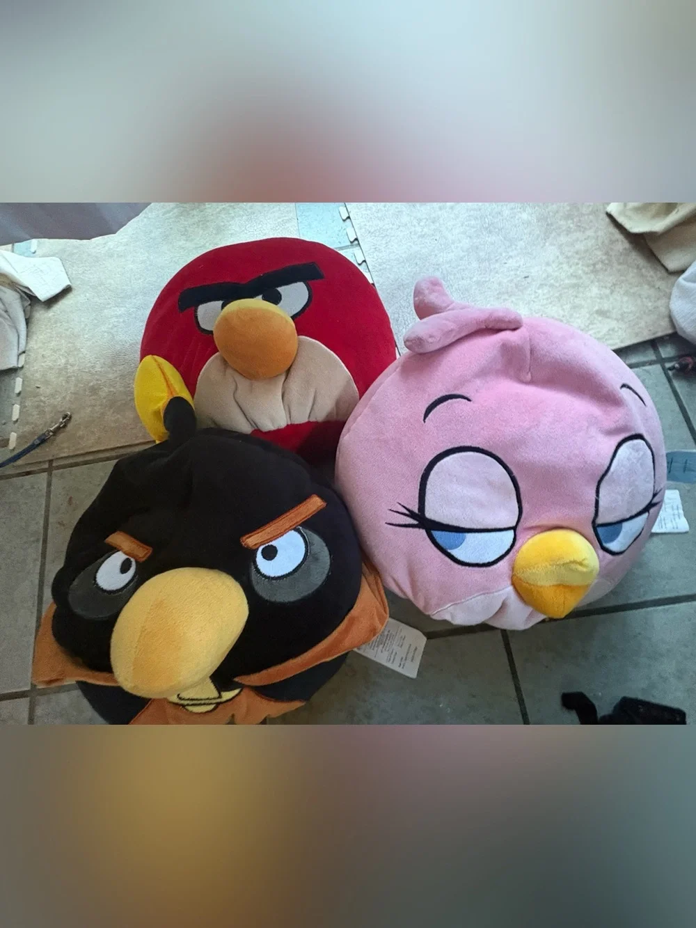 3 angry birds microbeads plush pillows - pink, red and black birds Rovio